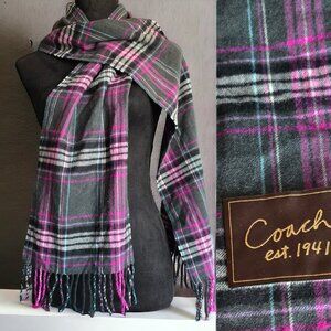 NWOT COACH Purple Tartan Check Plain Wool/Cashmere Scarf